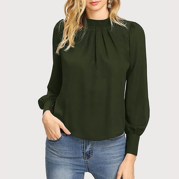 BKQCNKM Womens Shirts Women'S Stand Collar Chest Pleated Paraque Long Sleeve Tops Shirt Blouse Womens Blouses Fall Shirts For Women Army Green XL