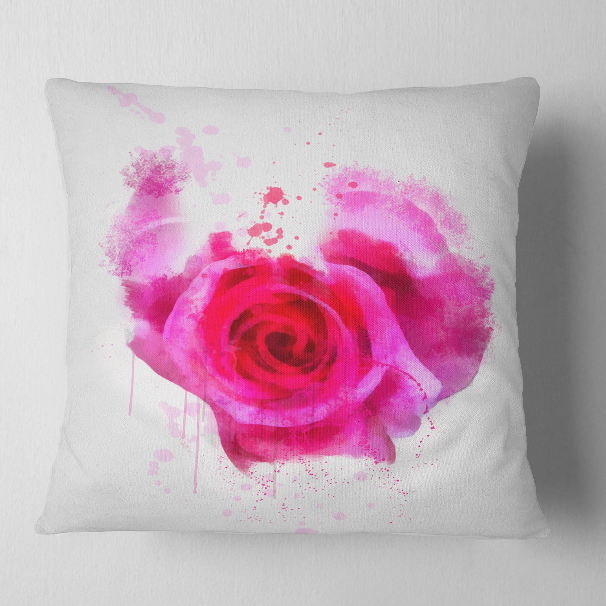 Designart Pink Hand drawn Rose on White - Floral Throw Pillow - 16x16