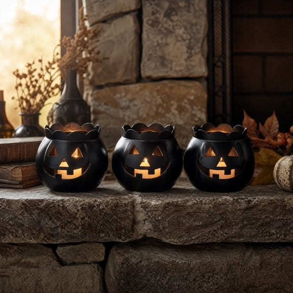 MInHoues 3 Pack Black Metal Halloween Jack-O-Lantern Candle Holders, Hollow Cutout Pumpkin Tealight Holders, Fall Halloween Kitchen Dining Table Mantel Tiered Tray Decor Set