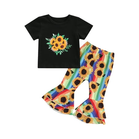 

Toddler Girls Short Sleeve T-Shirt Top Sunflower Flared Bell-Bottom Pants Summer Clothes Outfits Set