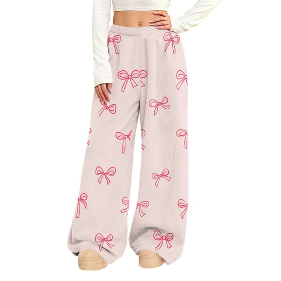 Simua Women's Valentine's Day Bow Print Flannel Plush Wide Leg Pants - Elastic Waist Side Pocket Casual Trousers S-XXL Festive Lounge & Daily Pants