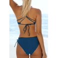 thumbnail image 4 of Women's Striped Reversible Bottom Lace Up Bikini Pink Crochet V Neck Drawstring Cover Up, 4 of 8