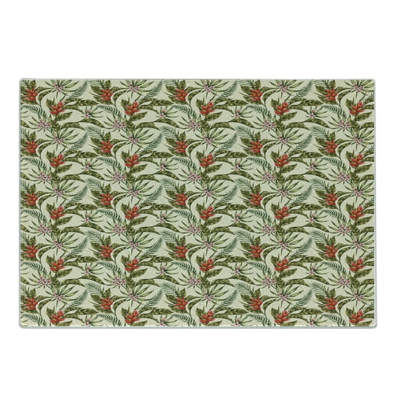 Leaf Cutting Board, Romantic Aloha Pattern with a Vintage Look Birds of Paradise and Plumeria Blossoms, Decorative Tempered Glass Cutting and Serving Board, Small Size, Multicolor, by Ambesonne