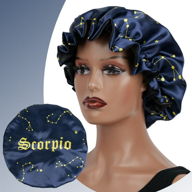 1PC Constellation Print Satin Sleep Bonnet with Wide Band Soft Wrap Comfortable Cap for Daily Use Makeup & Face Washing Scorpio M