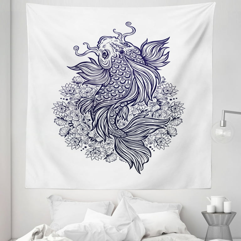 Koi Fish Tapestry, Koi Carp Fish Hand-drawn in Dark Blue with a Lotus  Flower Mandala Print, Fabric Wall Hanging Decor for Bedroom Living Room  Dorm, 5 Sizes, Indigo and White, by Ambesonne 