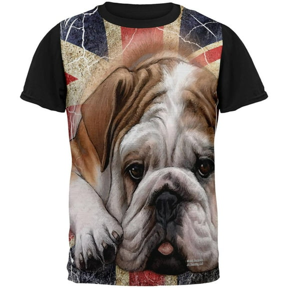 English Bulldog Union Jack Flag Live Forever All Over Mens Black Back T Shirt Multi SM