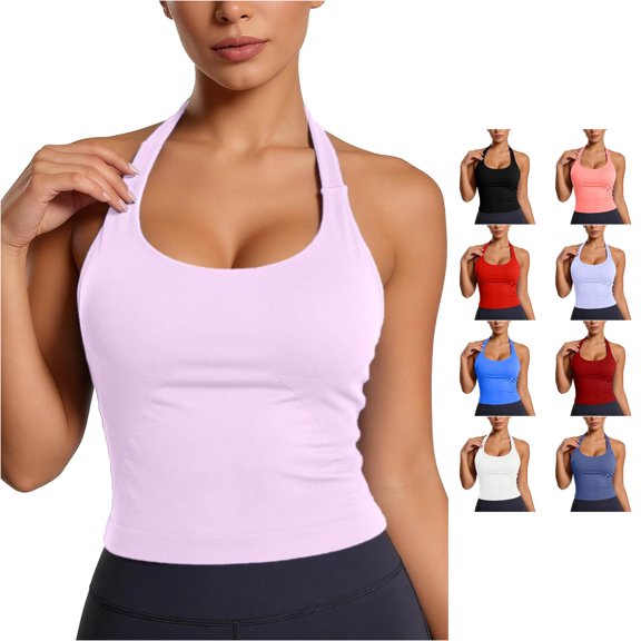 xfsWaSs Halter Crop Tank Tops for Women Open Back Padded Sports Workout Tops with Built In Bra Summer Yoga Athletic Shirts Gym Crop Tops