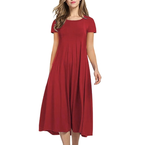 gakvbuo summer dresses for women 2024 vacation trendy Sexy Women's Casual Fashion Solid Short Sleeve Round Neck Pleated Slim Ladies Vintage A-Line Dress Dresses
