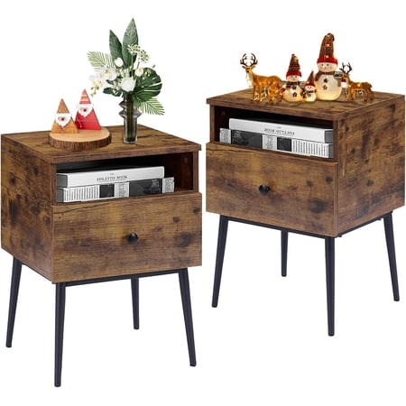 Modern Nightstands Set of 2 Square End Side Table with Drawer and Storage Space for Bedroom and Living Room