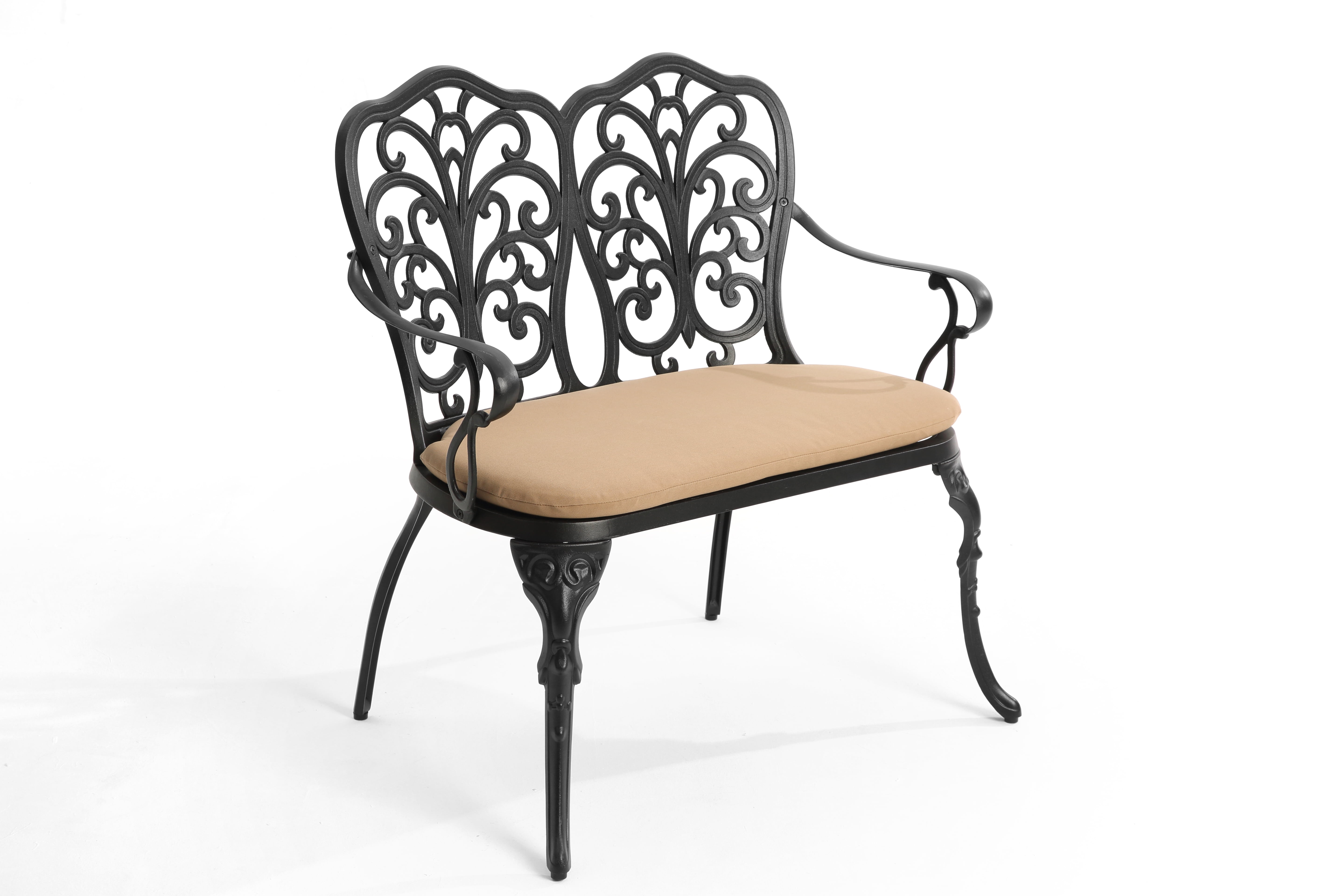 Cast Aluminum Outdoor Bench with Tulip Pattern and Removable Cushion, Weather-Resistant Patio Garden Bench, Black