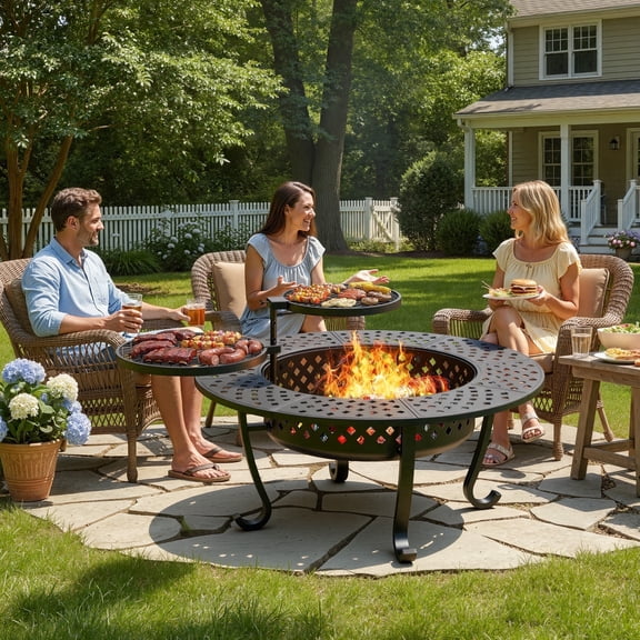 Heynemo 3 in 1 Outdoor Fire Pit for BBQs, Camping, Picnic, Wood Burning Fireplace with 2 Removable Grill, Protective Lid, and Fire Poker, 43'' Rustproof Metal Round Fire Pit Table for Patio, Garden,
