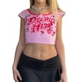 thumbnail image 3 of VISgogo Mujer Bodyon Camiseta, Letras Rosadas y Estampado de Flores, Cuello Redondo, Manga Corta, Tops Cortos, S/ M/ L VISgogo moda, 3 of 9