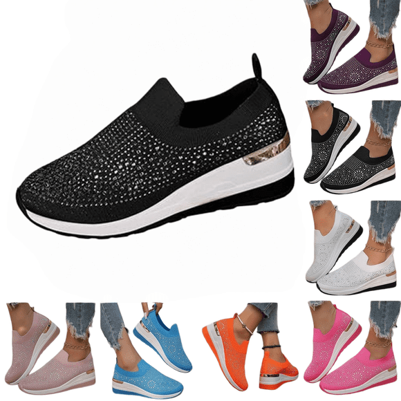 longantii Orthopedic Casual Shoes for Women Arch Support Slip on Non Slip Running Shoes Wide Knitted Mesh Stretch Hiking Shoes Comfort 2026 Foam Shoes Black