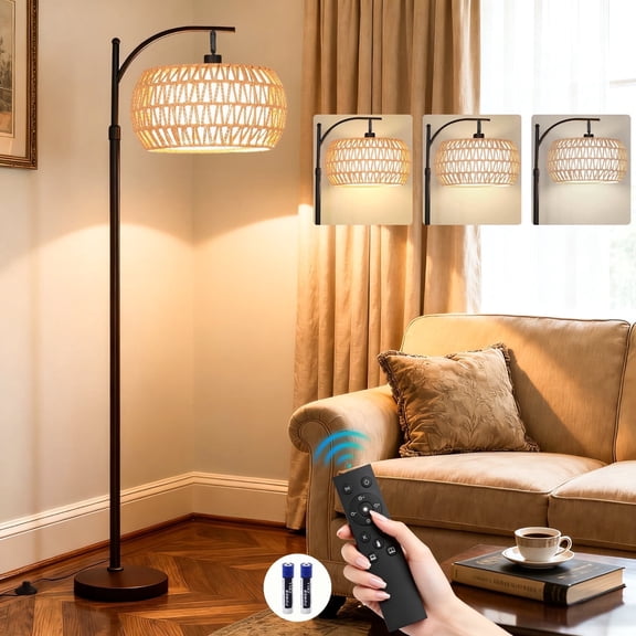 70'' Dimmable Arc Rattan Floor Lamp Standing Lamp with Rattan & Fabric Double Drum Shade Boho Farmhouse Tall Lamp for Living Room, Lamps for Bedroom
