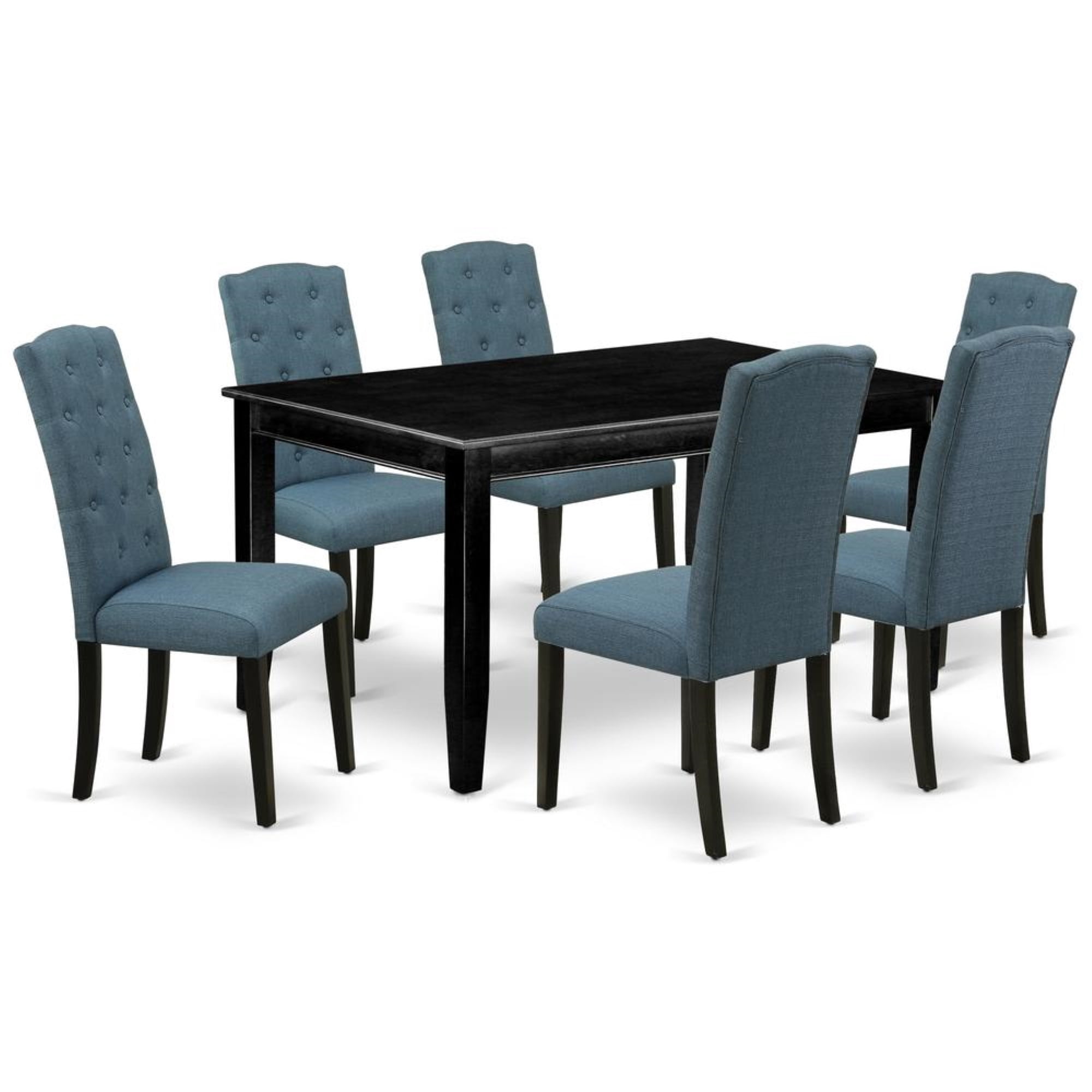 East West Furniture Dudley 7-piece Wood Dining Set in Black/Blue