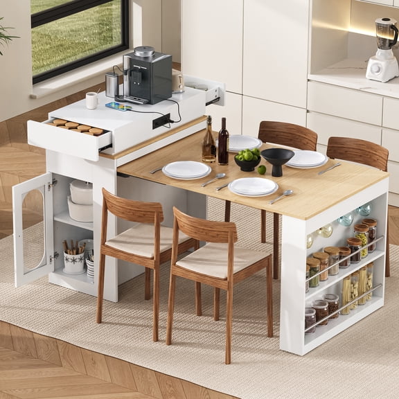 Euroco 57.7" Kitchen Island with Extendable Dining Table for 4,Rolling Mobile Kitchen Storage Table with 2 Drawers, Power Outlet,Hooks and Side Open Shelves, Kitchen Cart for Dining Room,White
