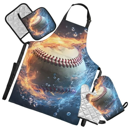 Baseball with Flame and Water Apron Set with Oven Mitts Pot Holders Set of 5 Kitchen Stuff Accessories