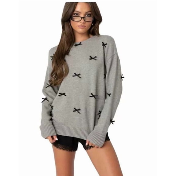 Edikted Women's Gray Satin Bow Oversized Sweater XS NWT