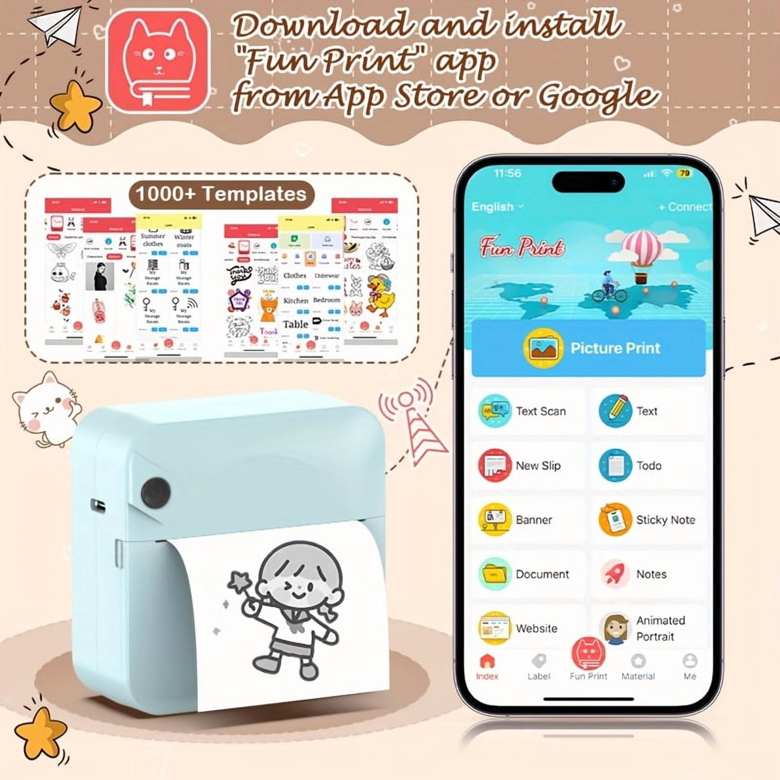 Ink Free Sticker Printer Mini Thermal Printer: Wireless Pocket Printer, Intelligent Portable Receipt Printer, With 1 Roll Of Thermal Paper – Suitable for Photos, Diaries, Notes, And Memos