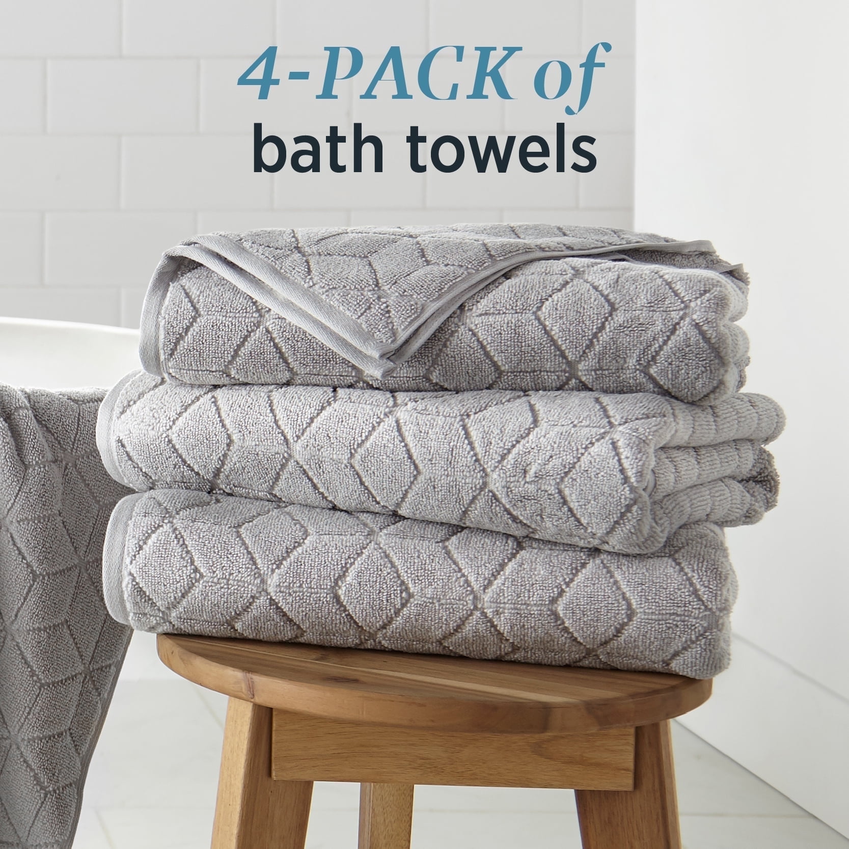 WelHome 100% HYGROCOTTON® 4-Piece Textured Soft Bath Towels Set, Harbor Mist, 550 GSM, 30" x 56", Large, Absorbent & Plush Bathroom Towels