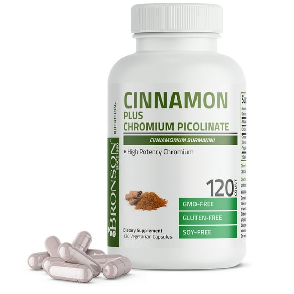 Bronson Cinnamon 2000 MG per Serving Plus Chromium Supports Sugar Metabolism, High Potency Chromium, Non-GMO, 120 Vegetarian Capsules