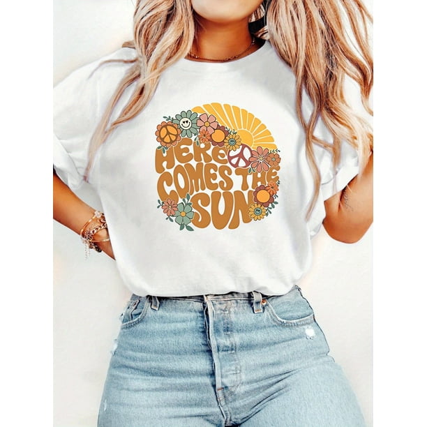 Women'S Boho Retro Sunflower T-Shirt - Here Comes The Sun 70s Hippie Tee for Summer - Hot Deal, Limited Time!
