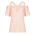 thumbnail image 3 of QLEICOM Women Plus Size Summer Hollow Out T-Shirt Lace Splicing V-Neck Short Sleeve Strapless Loose Tunic Tops Blouses Tees Shirts Pink 3XL, US Size:14, 3 of 7