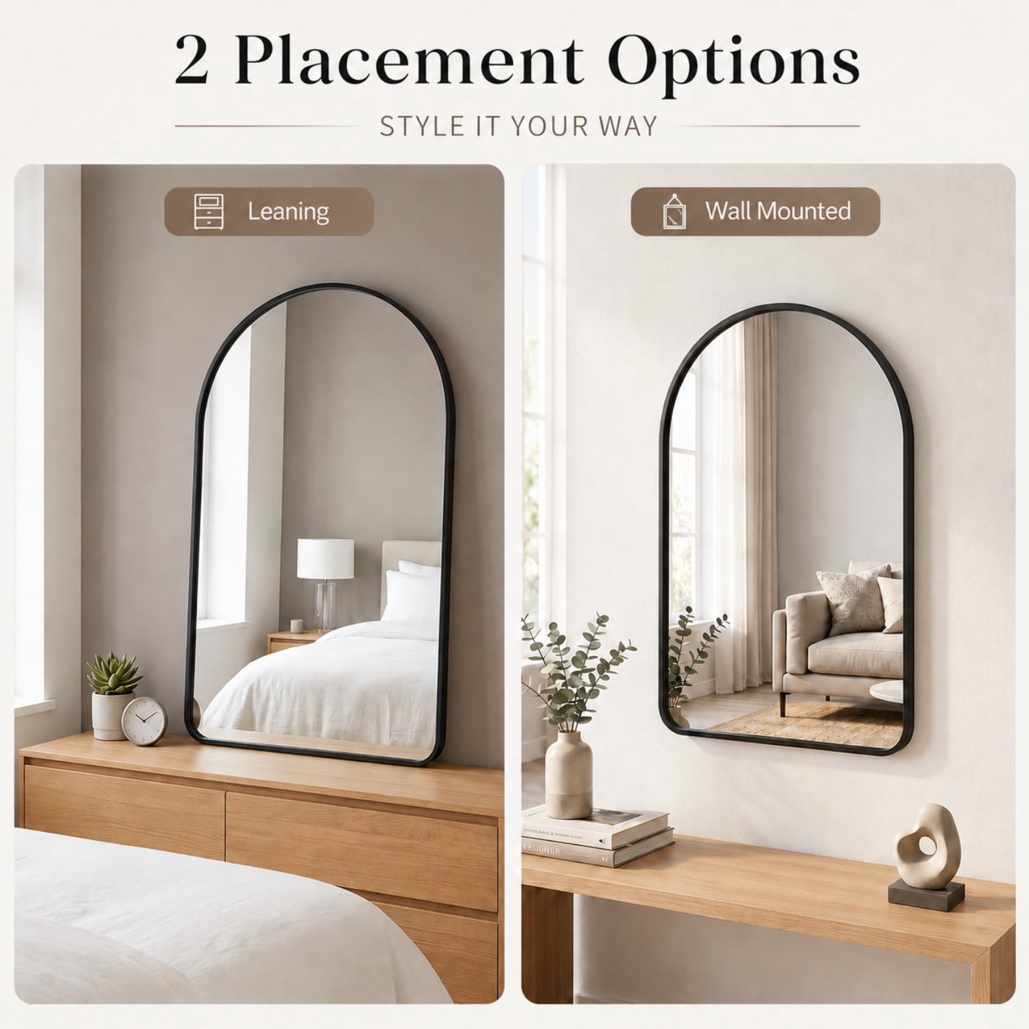 Easy4Home 24"x36"Rounded Arched Bathroom Mirror Decor Vanity Mirror Wall Mounted,Black
