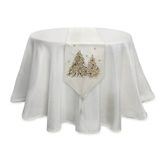 Melrose 13" Cream White and Silver Colored Christmas Tree Embroidered Table Runner