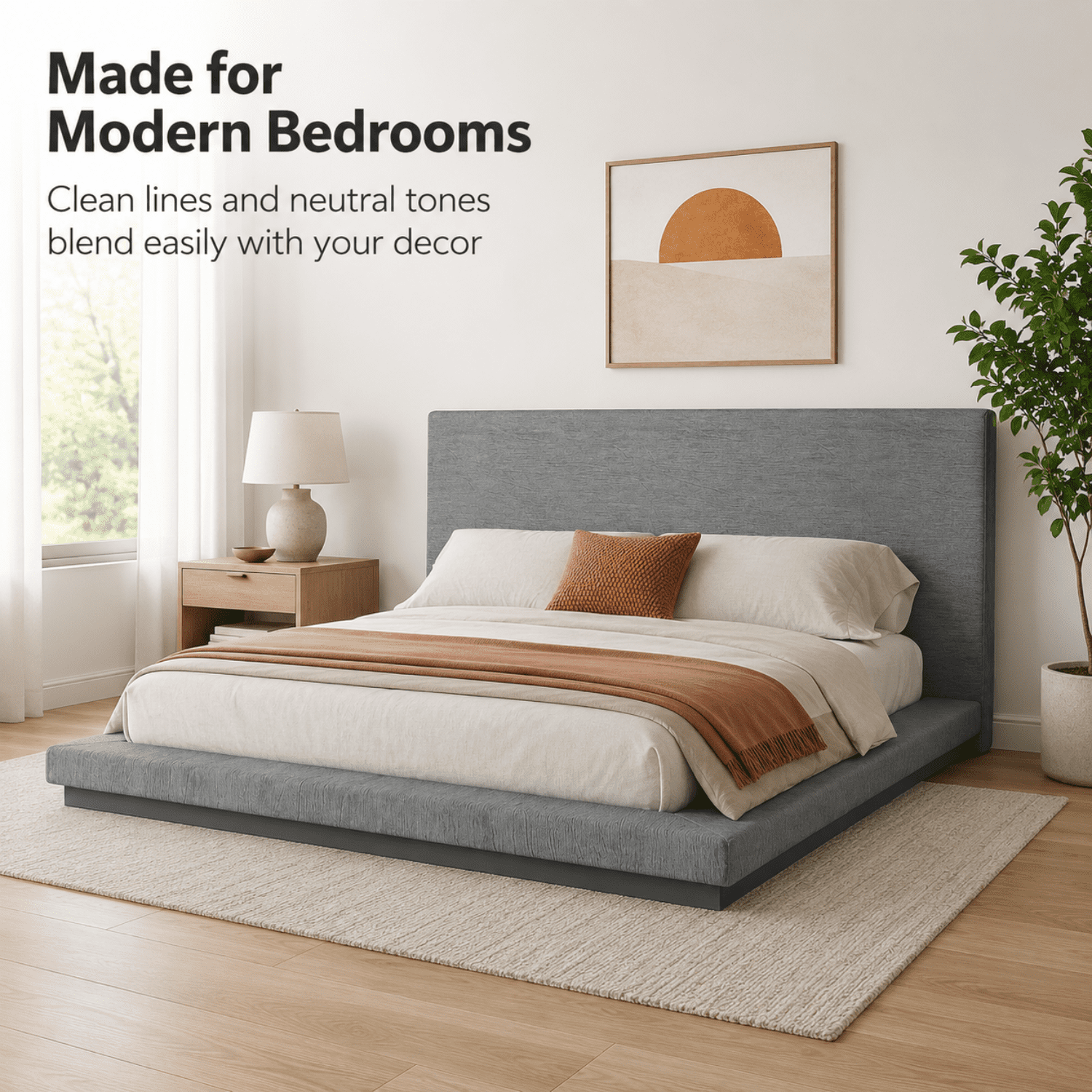 Miniyam Queen Modern Upholstered Platform Bed Frame with Padded Headboard, Floating Style Bed with Metal Slat Support, Gray