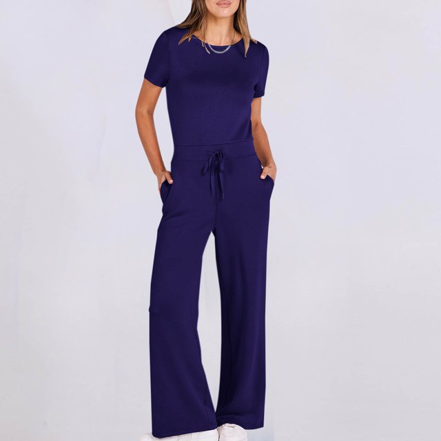 BEFOKA Pantalons Grande Taille pour Femmes, Pantalons d'Été en Solde pour Femmes, Combinaisons Décontractées Unies à Col Rond avec Poches et Manches Courtes
