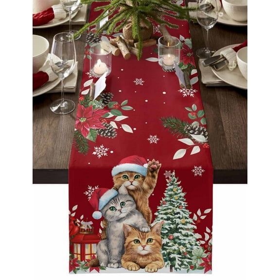 Christmas Table Runner Cats Xmas Tree Poinsettia Table Runners Cardinal Bird Snowflake Red Cotton Linen Dresser Scarf Kitchen Dining Table Decor for Christmas Holiday Party Decor 13x72 Inch