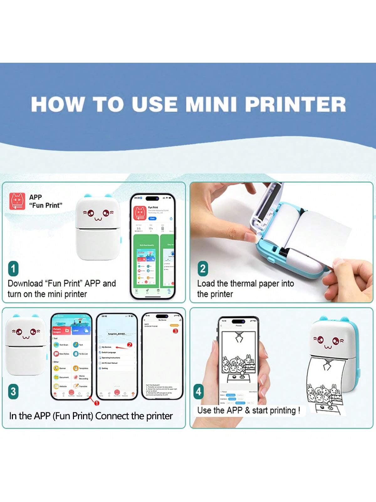 Portable Mini Printer Pocket Wireless Thermal Printer Inkless Sticker Maker Compatible With IOS Android For Labels Receipts Photos Notes School Home Office