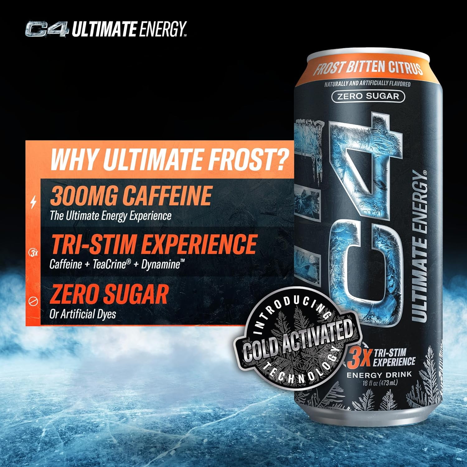 C4 Ultimate Energy Drink, Frost Bitten Citrus Flavor, Zero Sugar, Carbonated, 16 oz can (12 Pack)