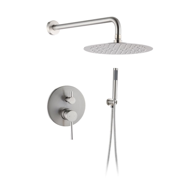 JERFIT 10-inch Wall Mounted Shower System Combo with Rain Shower Head & Handheld Spray, Brushed Nickel, Pressure Balancing Valve for Concealed Installation