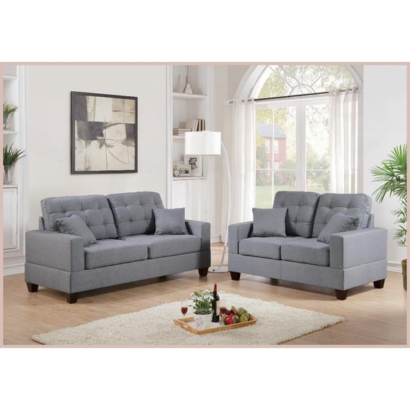 Modern Grey Linen-Like Polyfiber 2-Piece Sofa & Loveseat Set with Tufting & Pillows for Living Room