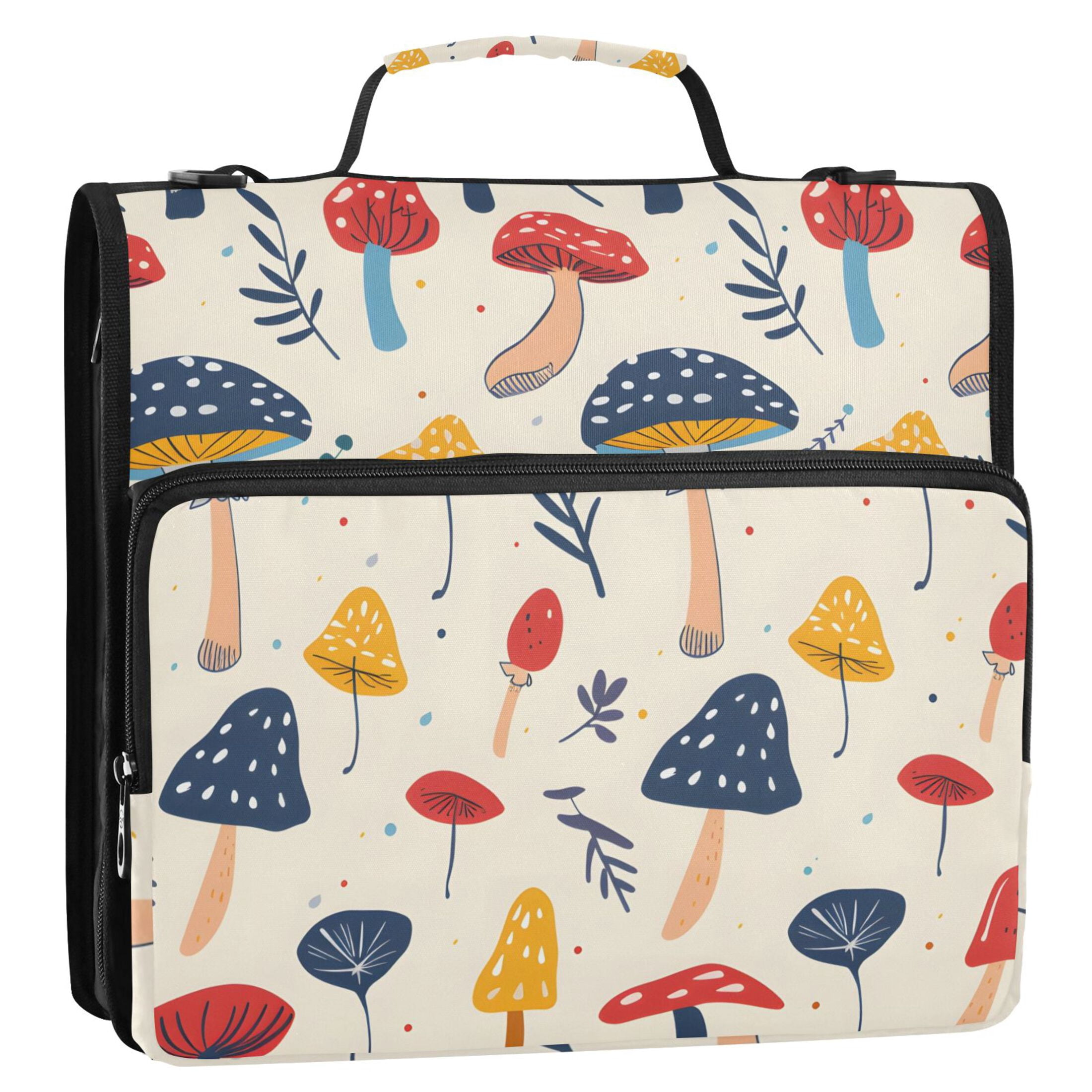 3 Ring Zipper Binder with Shoulder Strap Waterproof Trapper Keeper 2 Inch D-Ring 500 Sheets Capacity Hand Drawn Mushrooms