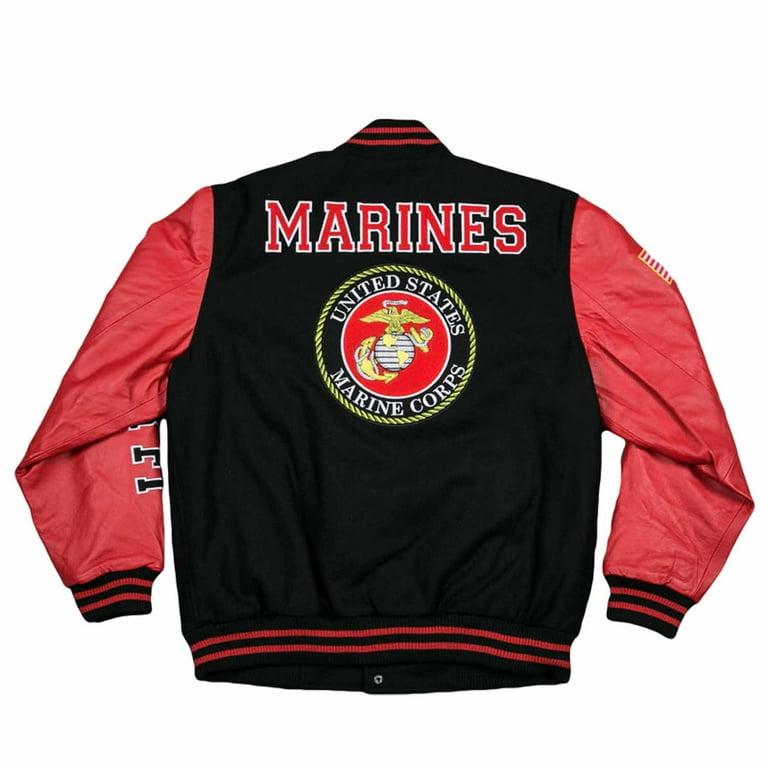 JWM Military Mens Leather Polyester Embroidered Varsity Jacket (Marines /  Black-Red, X-Large)