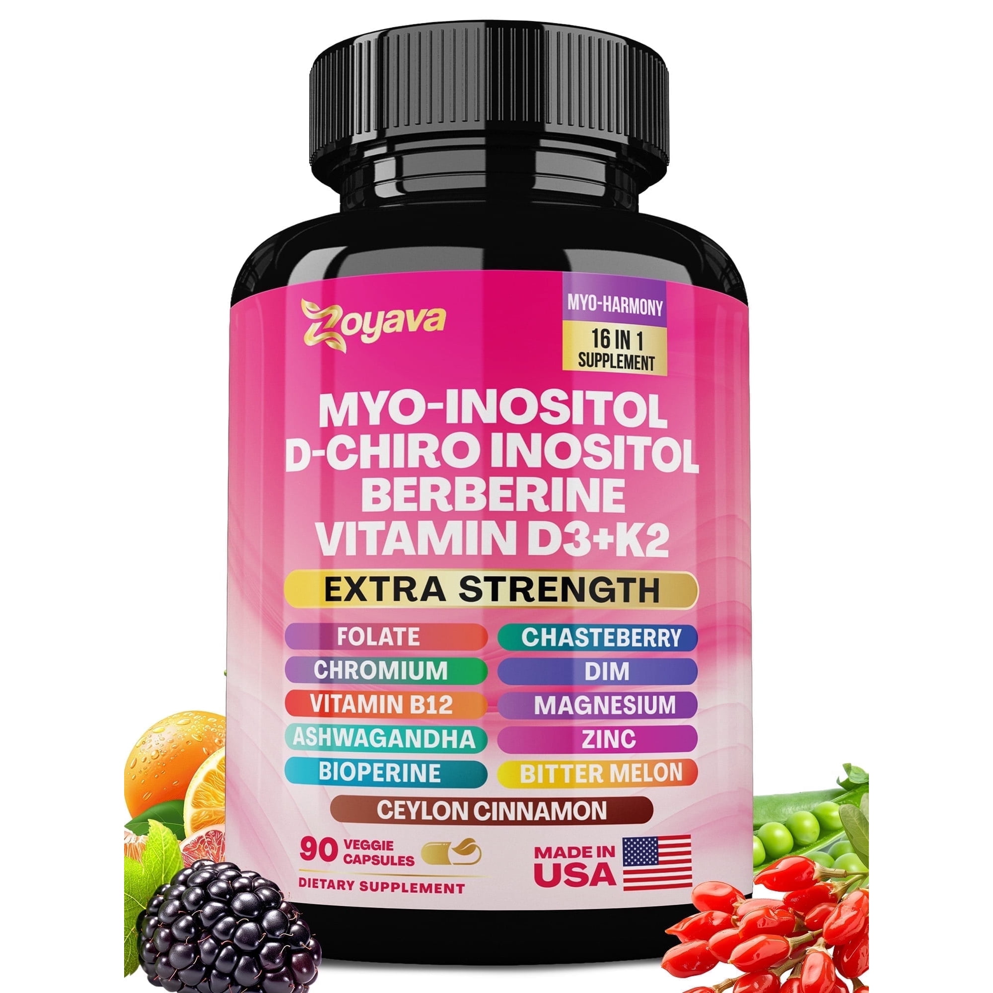 Zoyava Myo Inositol Women's Supplement 750mg, Berberine 500mg, D-Chiro Inositol 50mg, Folate 400mcg, Chromium 100mcg, Ceylon Cinnamon 200mg, Ashwagandha 100mg, DIM 75mg, 90 Capsules