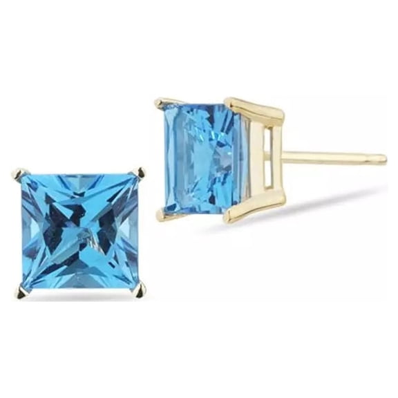 14k Yellow Gold Push Back Princess Created Blue Topaz Stud Earrings 3MM Women  Plated by Paris Jewelry