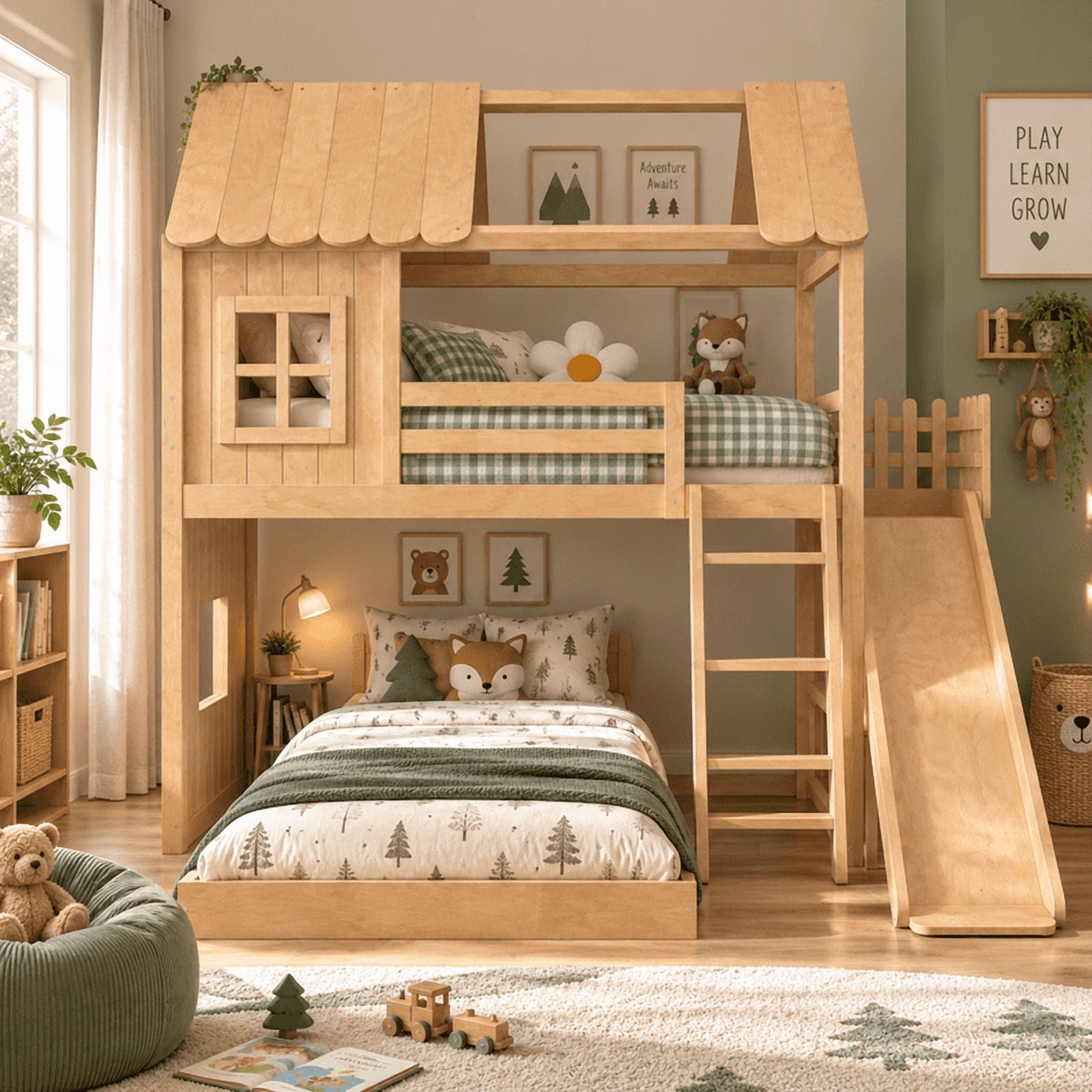 Twin Over Full House Bunk Bed with Slide and Ladder, Kids House Floor Bunk Bed with Storage Shelves and Wardrobe, Playhouse Design, Solid Wood Frame, No Box Spring Needed