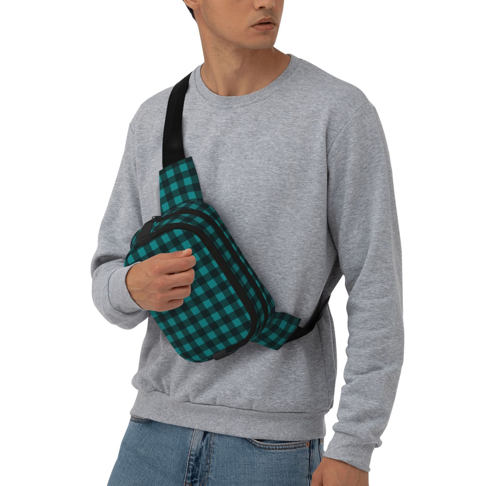 Kuqiui Teal On Black Plaid Print Fanny Packs for Women Cross Body Waist Bag Fashionable Fanny Pack Designer Workout Hiking Waist Pack Running Travel Gym