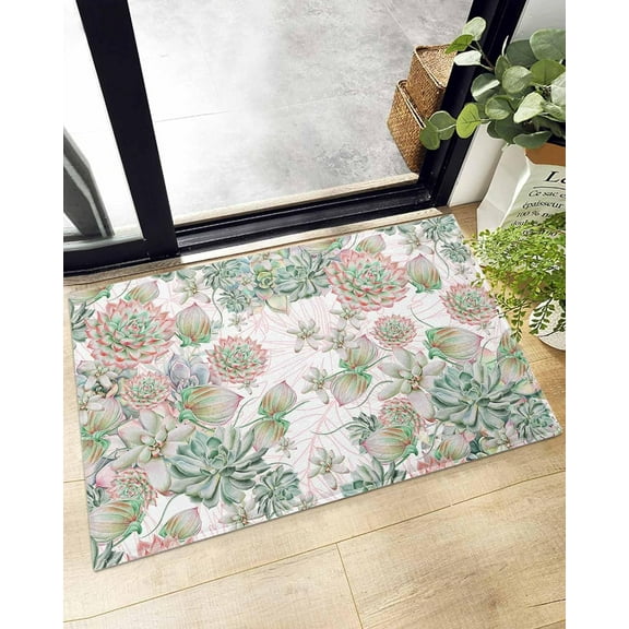 Shag Bath Rugs Succulent Cactus Tropical Plant Plush Soft Fluffy Doormat Floor Carpet,Non-Slip Living Room Bedroom Kitchen Entryway Door Mats Summer Watercolor Botanical
