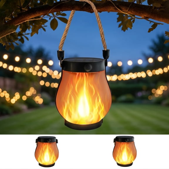 2 Pack Gen2 Solar Lanterns Outdoor Waterproof – Dancing Flame, 2 Lighting Modes, Dual Charging USB & Solar, Outdoor Solar Lights with Rope Handle for Camp, Garden, Tree, Tabletop Decor