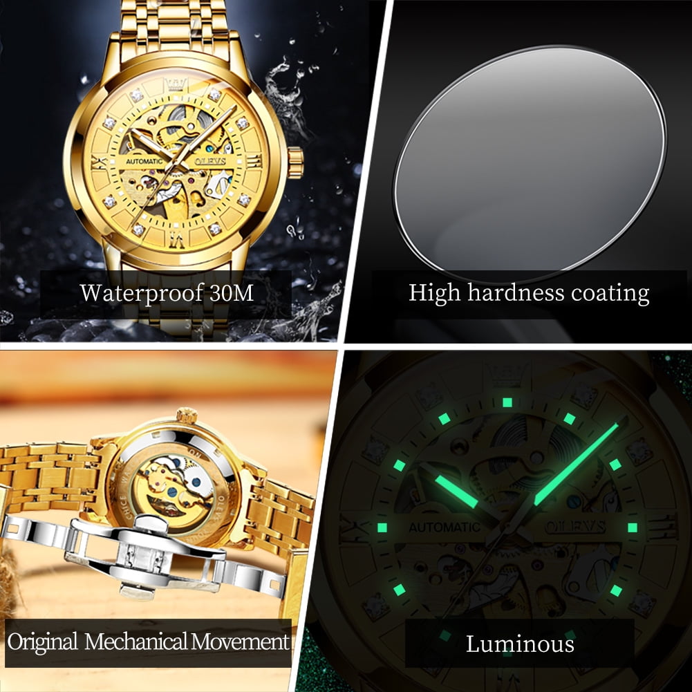 OLEVS Skeleton Watches for Mens Automatic Mechanical self Winding Diamond Luxury Business Dress Stainless Steel Waterproof Luminous Mens Wrist Watches Reloj Para Hombre Blue/White/Black/Gold Dial