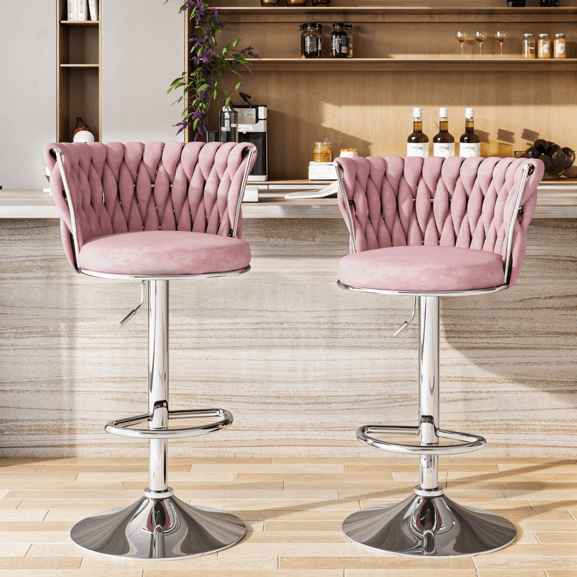 Mieres Velvet Bar Stools Set of 2, Adjustable Height Swivel Pub Chairs with Woven Back, Counter Height Dining Chairs with Footrest, 360° Rotating Kitchen Island Stools for Home & Bar, Pink