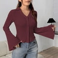 thumbnail image 2 of biudgviw Button Down Shirts for Women Slim Fit Bell Sleeve Blouses Lightweight Comfy Lapel V Neck Crop Tops Going Out Outfits, 2 of 5