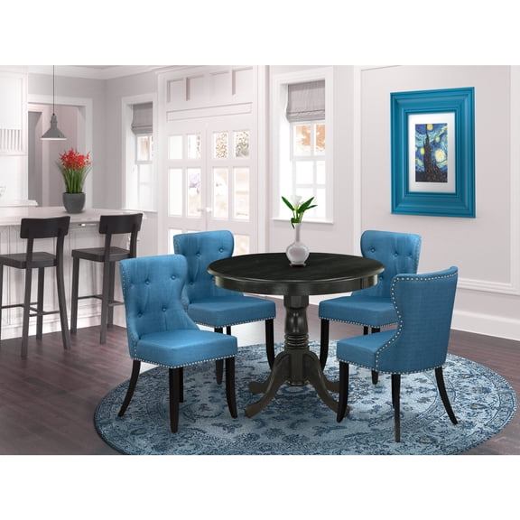 Homestock Rustic Refinement Furniture A Dining Room Table Set F 4 Wonderful- Chairs With Fabric Mineral Blue Color And A Beautiful 36-Inch Round Dining Table With Wire Brushed Black