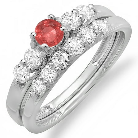 14K White Gold Ruby & White Diamond Bridal 5 Stone Engagement Wedding Ring Set