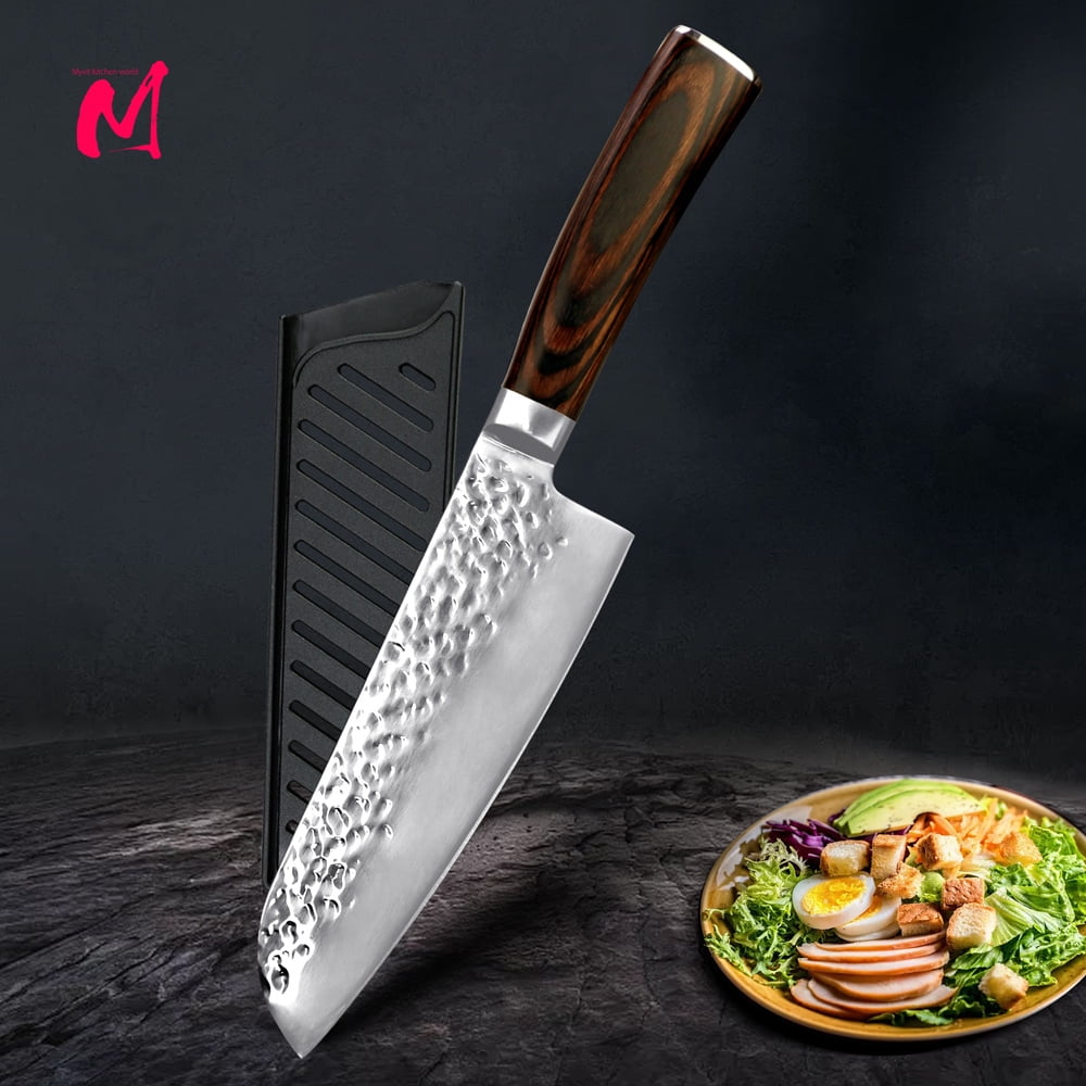 Kitchen Knife 5inch Santoku Knives with Sheath,Stainless Steel Sharp Forged Hammered Blade Non-Stick Fruit Slicer Vegetable Slicing Chef Knife Cutter Cooking Tool